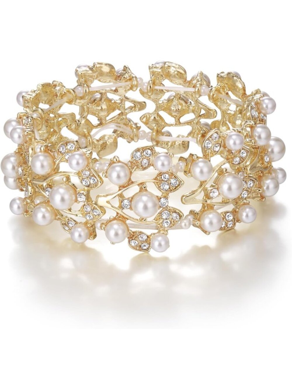 Elegant 1920s-Inspired Faux Pearl & Crystal Vine Leaf Wedding Stretch Bracelet
